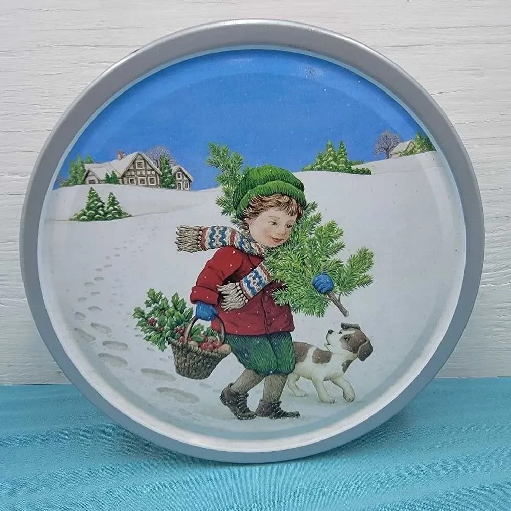 Kelsen Christmas Cookie Tin Vintage Boy Dog Tree Snow 7.5